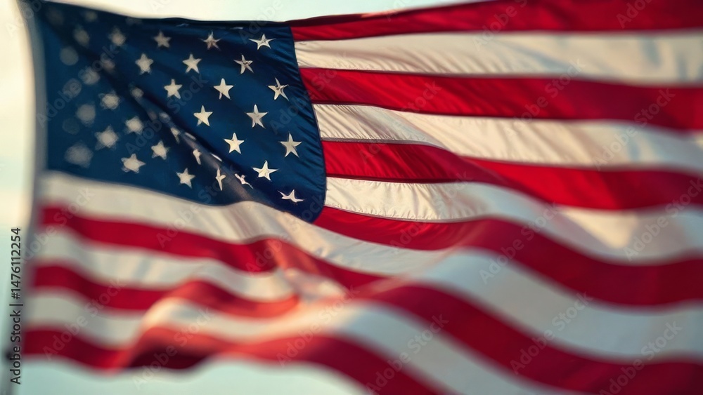 Obraz premium American flag waving against blue sky. USA celebrates Independence day. Fourth of july national holiday. Patriotic symbol.