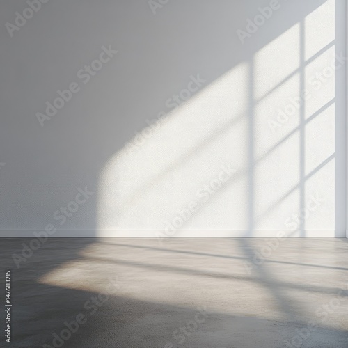 Sunlit empty room with white walls and grey floor.  Sunlight streams through a window, casting shadows