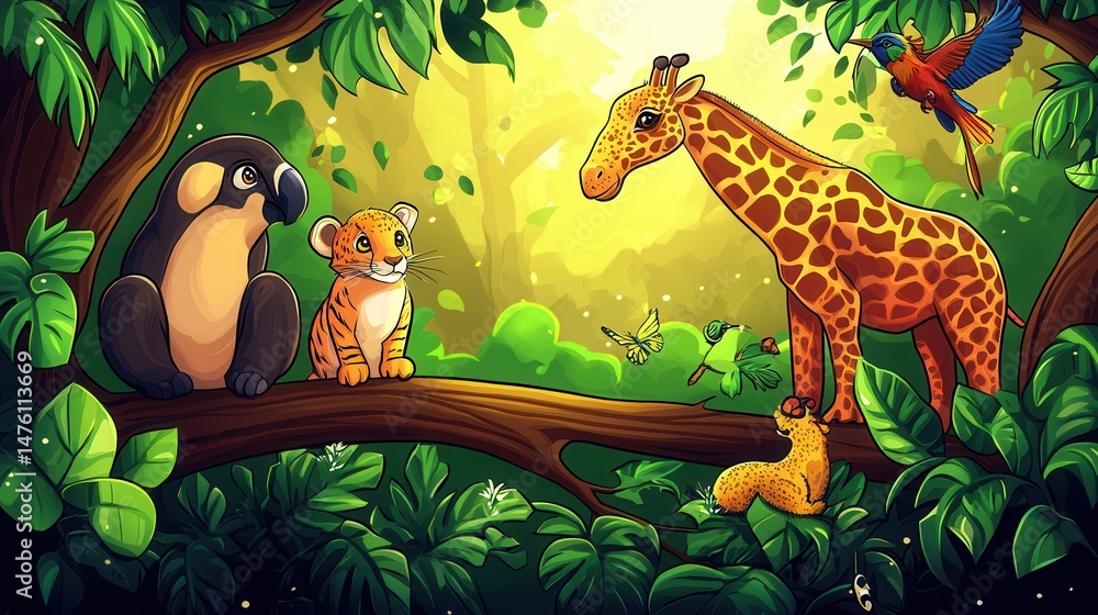 Naklejka premium Colorful jungle scene with a giraffe, tiger cub, parrot, and other animals interacting in lush greenery