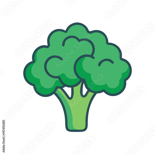 Stylized broccoli floret with dark blue outlines on black