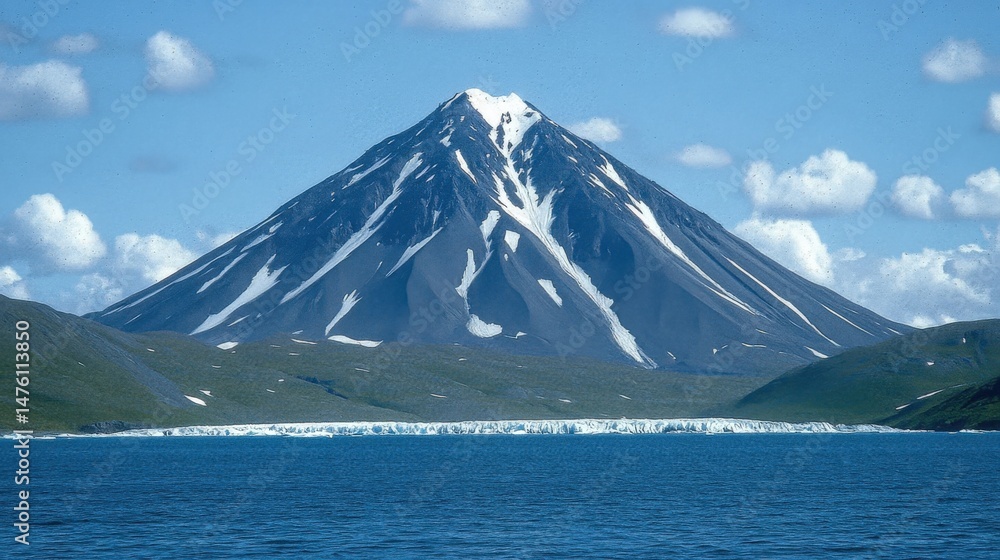 Snow Capped Mountain Reflected in Still Blue Lake Under Clear Sky Snow Capped Mountain Reflected in Still Blue Lake Under Clear Sky