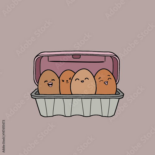 Chicken eggs in packaging. Fresh brown eggs in paper box, container. Fresh raw eggs whole and broken in white and yellow. Vector illustration. Flat cartoon style. Breakfast, organic farm food concept.
