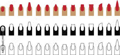 Natural fashion trend female nail manicure shapes flat, outline icons set. Oval square lipstick Ballerina fingernail visual Styles swanky isolated on transparent background. Beauty spa salon symbols.