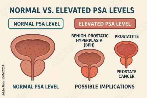 Normal prostate health illustration showing normal and elevated PSA levels with benign prostatic hyperplasia and prostatitis