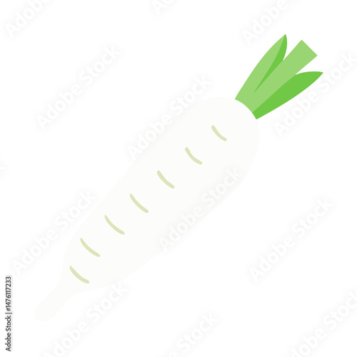 Isolated cartoon daikon radish with green leaves on black