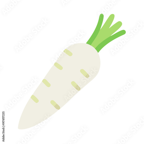 White daikon radish graphic on black background, vector style
