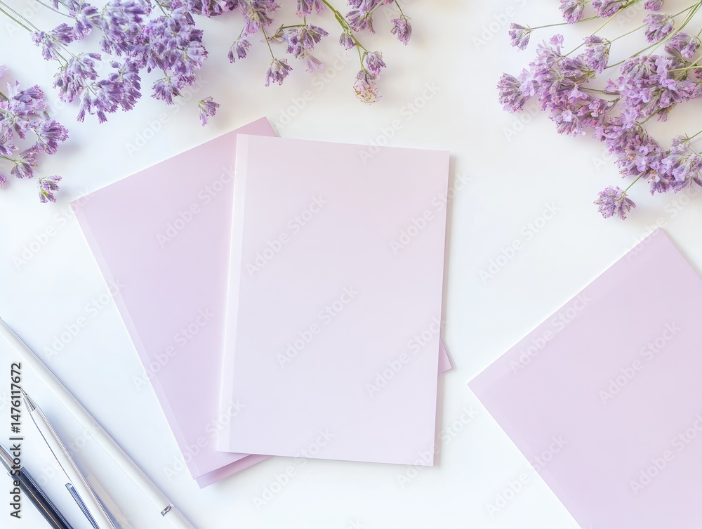 Flatlay of blank stationery & lavender sprigs Flatlay of blank stationery & lavender sprigs