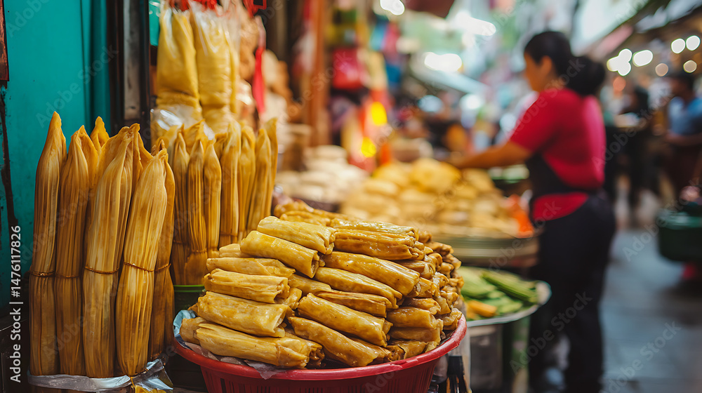 Fototapeta premium A street vendor selling Tamales to travelers at a busy Mexican market (3)