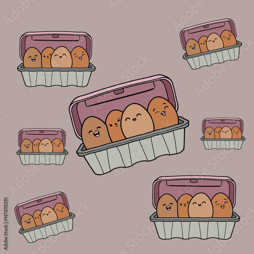 Chicken eggs in packaging. Fresh brown eggs in paper box, container. Fresh raw eggs whole and broken in white and yellow. Vector illustration. Flat cartoon style. Breakfast, organic farm food concept.