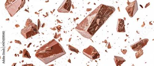 Flying Chocolate Chunks and Shavings on White Background Studio Shot Food Photography Delicious Dessert Ingredient Sweet Treat