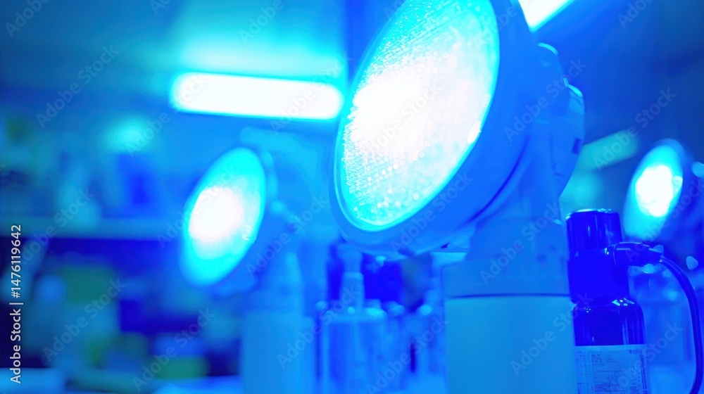 Obraz premium Close-up view of multiple bright blue lights in a laboratory setting.