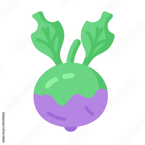 Minimalist kohlrabi illustration with green leaves on black background