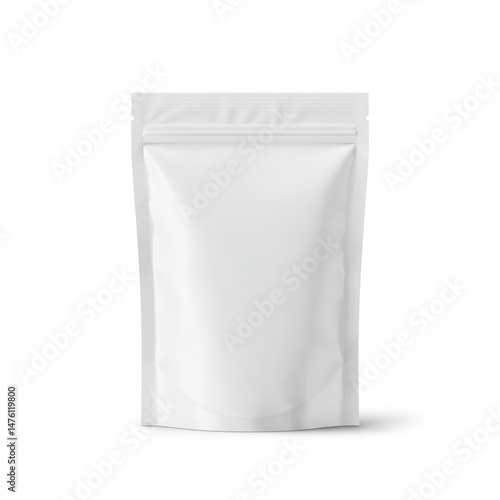 Blank white zippered pouch for food or other products. Empty pouch with no design or branding on a plain white background.