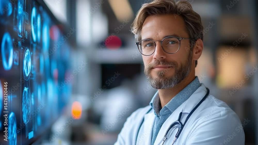 A sharp-witted doctor in his medical lab, radiating confidence as he looks directly at the camera. The backdrop showcases advanced technology. A sharp-witted doctor in his medical lab, radiating confidence as he looks directly at the camera. The backdrop showcases advanced technology.