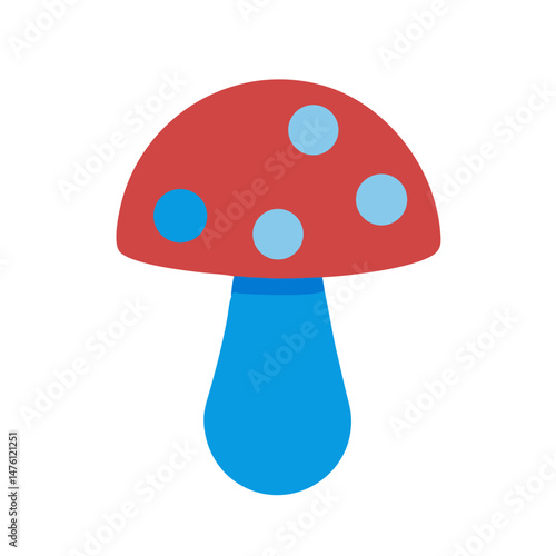 Whimsical red mushroom with blue spots on black background