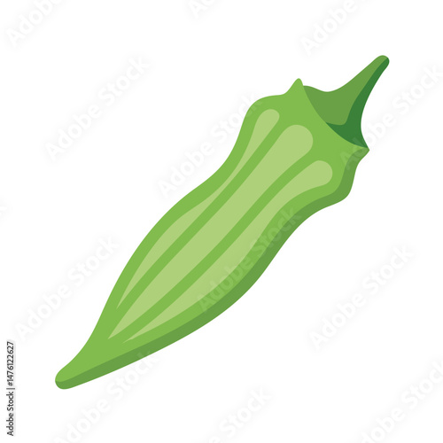 Single green okra pod on solid black background display