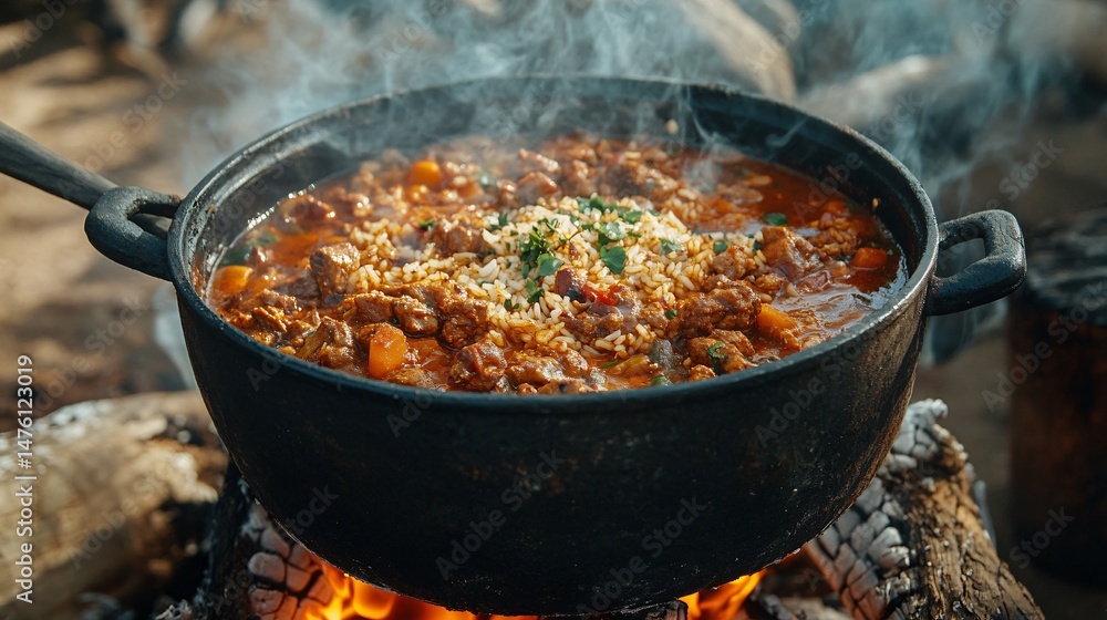 Traditional south african pot stew or potjiekos in the three legged pot used to cook this dish on an open fire usually served with rice dished with a large spoon cooking pot on the stove Traditional south african pot stew or potjiekos in the three legged pot used to cook this dish on an open fire usually served with rice dished with a large spoon cooking pot on the stove