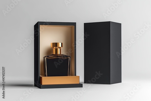 Elegant black perfume box with gold accents, showcasing a dark glass fragrance bottle