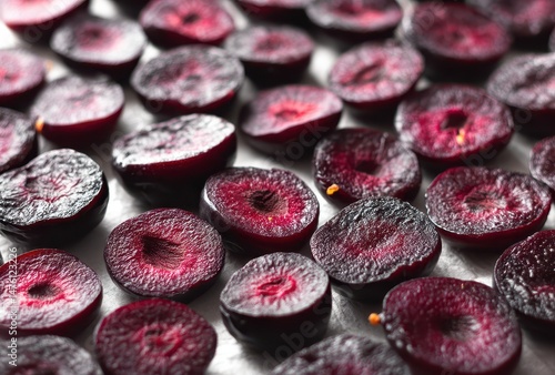 Close-up View of Freshly Sliced Red Beetroot Circles on Metallic Surface Highlighting Rich Color and Natural Texture for Culinary and Healthy Lifestyle Concepts