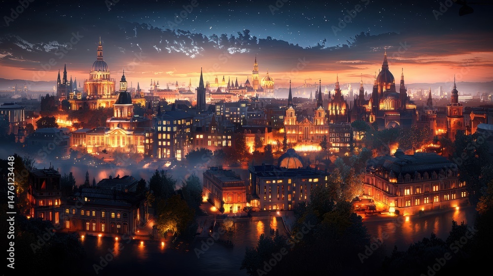 Naklejka premium Stunning Artistic Panoramic View of European Cityscape at Dusk with Illuminated Buildings