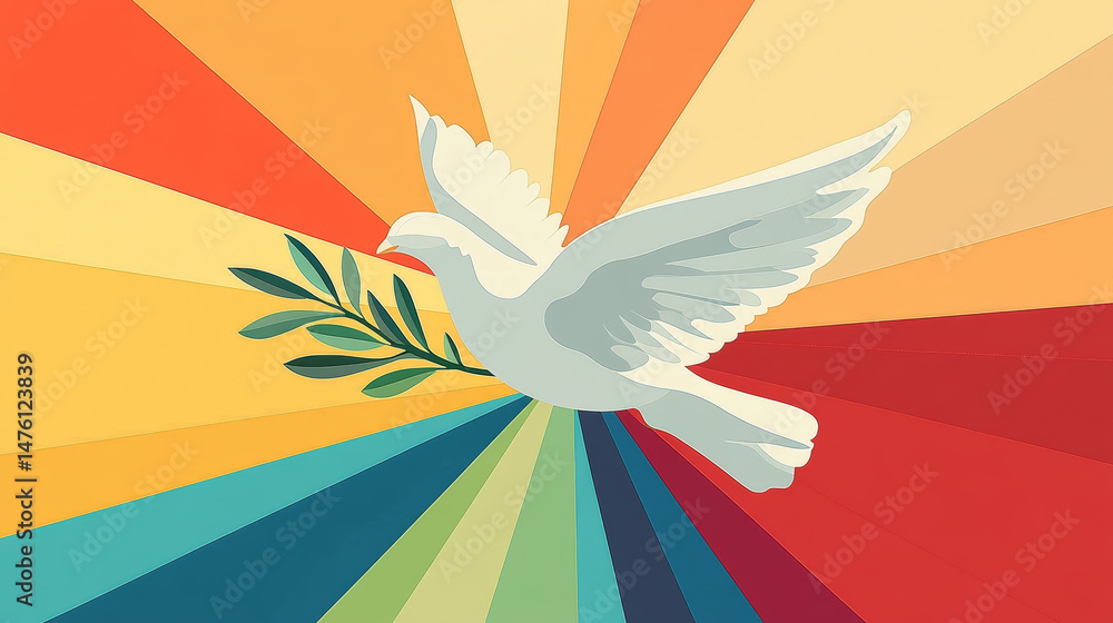 Obraz premium Flat-style vector of a white dove with olive branch on a colorful backdrop illustrates anti-war and peace concepts