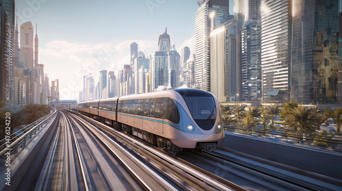 雲に包まれた未来都市を走る高架鉄道と線路旅の道電車旅