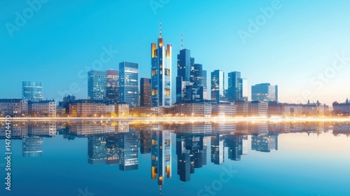Elegant Reflection of European City Skyline at Dusk with Modern Architecture