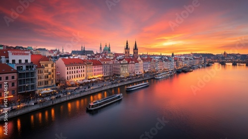 Elevated Wide Angle View of European Capitals at Sunset Over River Banks