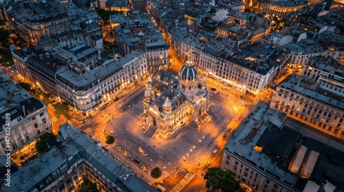 Aerial View of Stunning European City Captured at Dusk with Urban Lights and Architecture