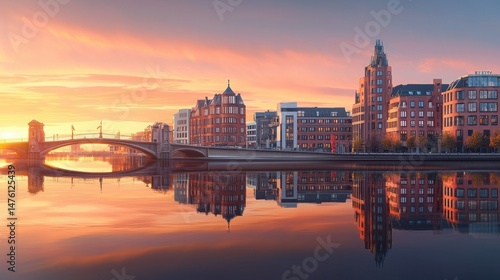Enchanting View of European City at Sunrise Reflected on Calm Water Surface