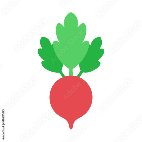 Minimalist radish illustration with vibrant green leaves against black