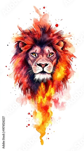 Isolated on white, lion face with flames tattoo flash in watercolor, fierce and fiery, explosive reds and oranges, horizontal