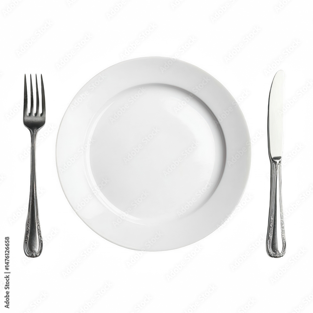 White Plate with Fork and Knife - Isolated on White Background White Plate with Fork and Knife - Isolated on White Background