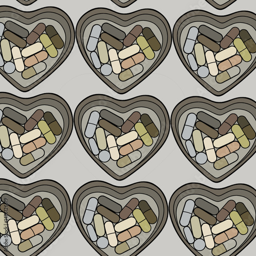 Collection of medicine pills of various colors in love shape place. Medicine pill and capsule icon vector set illustration sign pharmacy prescription antibiotic medical for web and app