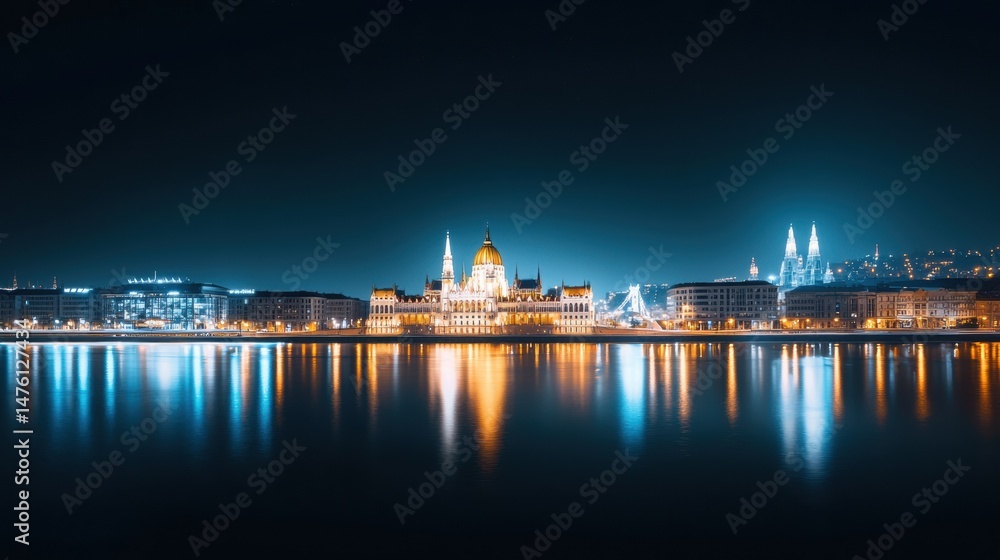 Fototapeta premium Dramatic Evening Skyline of European Cities with Reflections on Water at Night