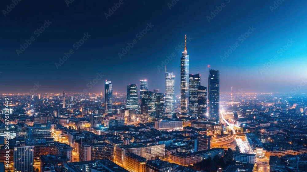 Obraz premium Dramatic Evening Skyline of European City with Vibrant Lights and Urban Landscape