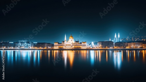 Dramatic Evening Skyline of European Cities with Reflections on Water at Night