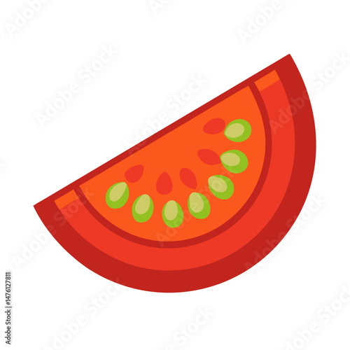 Isolated wedge slice of tomato with seeds, flat design