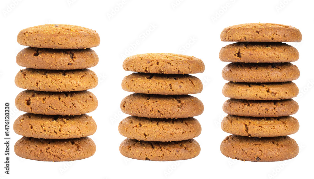 Three Stacks Of Oatmeal Cookies On Transparent Background Showing Golden Brown Baked Texture Three Stacks Of Oatmeal Cookies On Transparent Background Showing Golden Brown Baked Texture