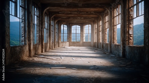 Sunlit Ruins  Abandoned Factory Hallway  Dramatic Landscape View