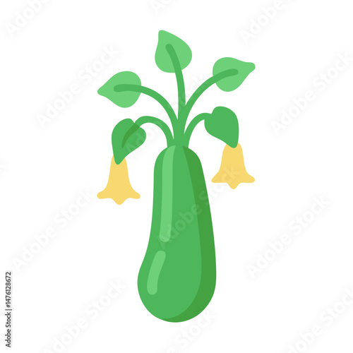 Stylized green zucchini plant with yellow flowers illustration