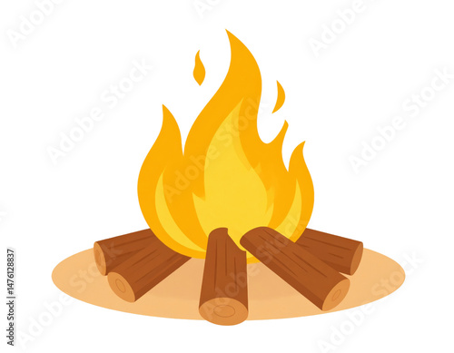 Cartoon campfire with orange flames and wooden logs burning on sandy ground with transparent background