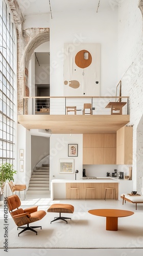 Modern loft interior with large windows, mezzanine, and stylish furniture