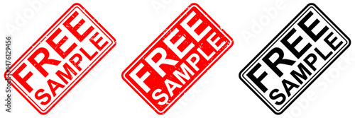 Free sample grunge stamped icon vector in bold black text with red border. Ideal for promotions, product labels, advertising, discounts, trial offers, marketing, and sales design content.