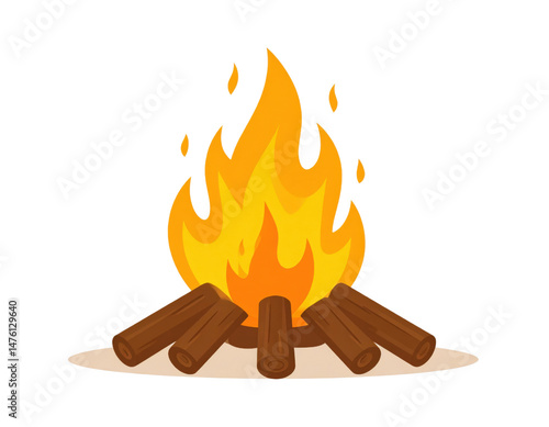 Cartoon campfire with bright orange flames and wooden logs vector illustration on transparent background for outdoor and camping themes.