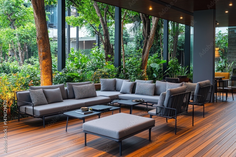 Obraz premium Serene Outdoor Lounge: Modern Design Meets Lush Greenery