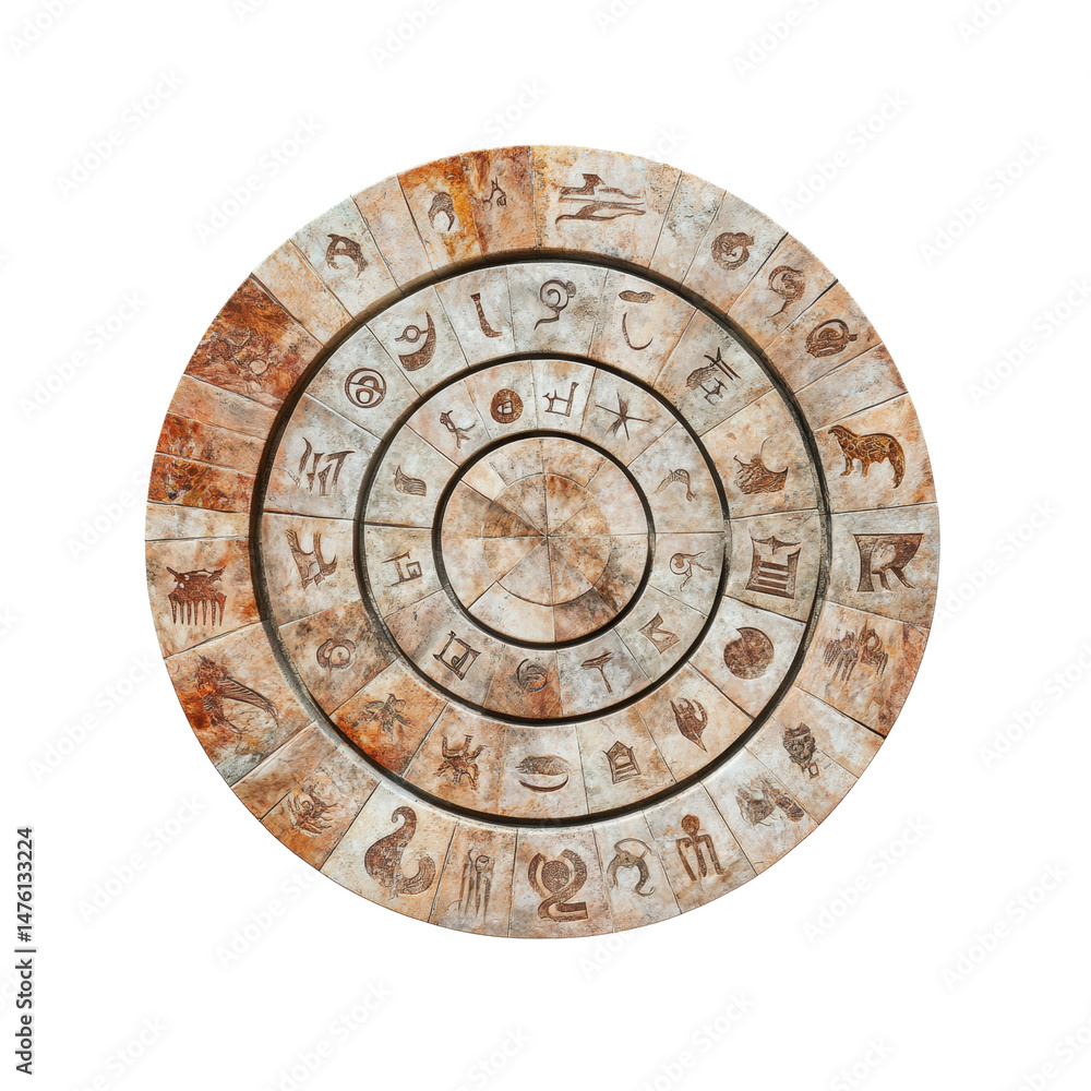 Fototapeta premium Ancient Circular Stone Carving with Symbolic Designs and Characters