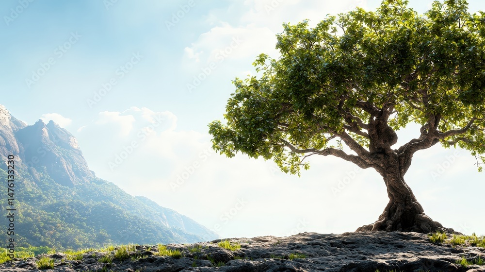 Obraz premium Stunning tree growing on rocky outcrop mountain landscape nature photography bright daylight peaceful setting