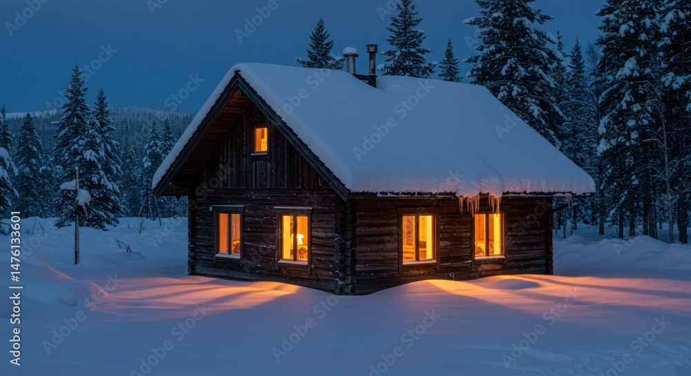 Cozy log cabin in snowy forest at night Cozy log cabin in snowy forest at night