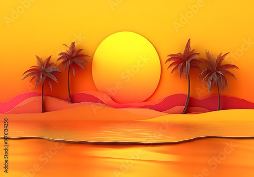 Tropical Beach with Sun and Palm Trees